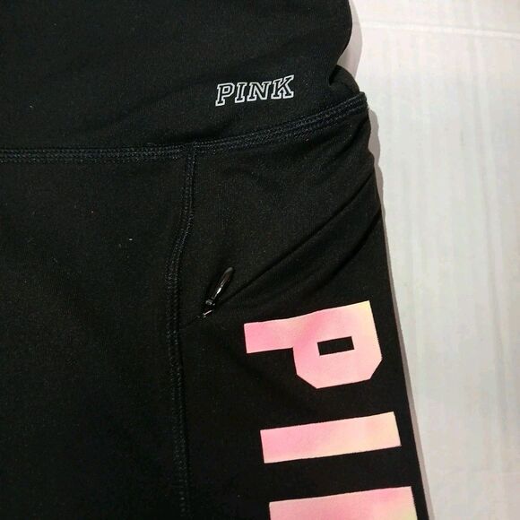 Victoria Secret Pink Ultimate Black/Gray Athletic Leggings Sheer Pockets Large - Picture 5 of 16